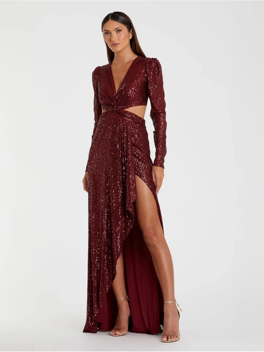 Mac Duggal Sequin Twist Cutout Evening Dress in Burgundy